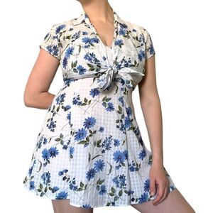 Coquette white checkered print blue floral two piece tie summer dress set